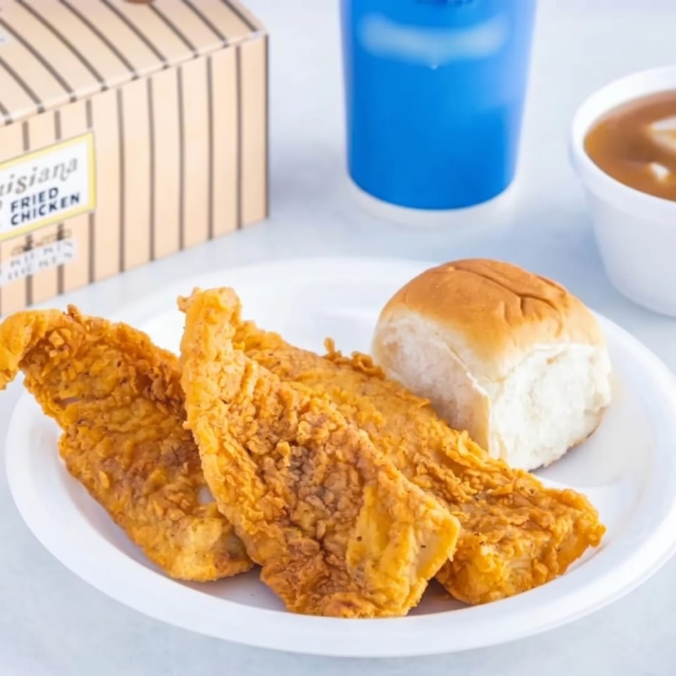 Louisiana Fried Chicken meal with crispy chicken strips, a roll, gravy, and a blue drink cup.