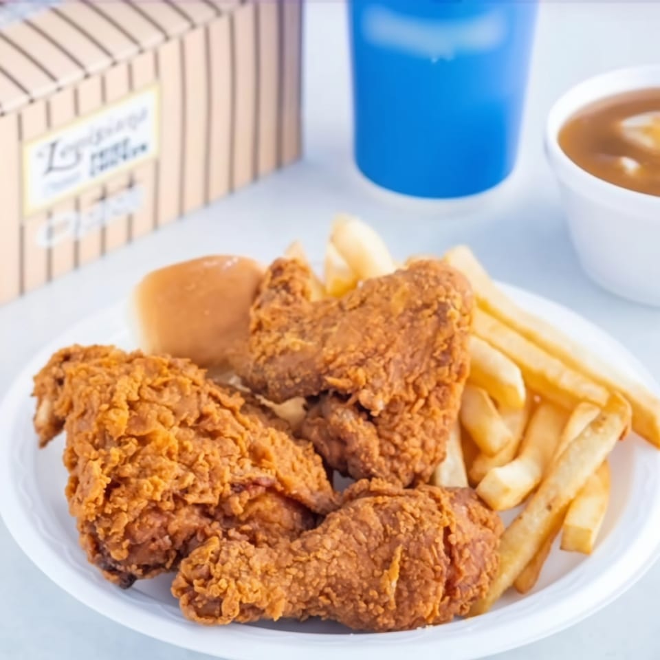 A Louisiana Famous Fried Chicken meal with fried chicken, fries, a bun, gravy, and a blue drink.